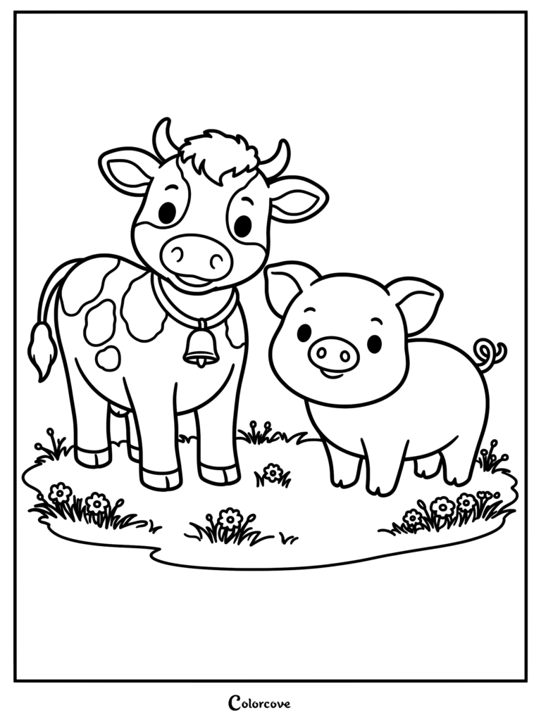 A cow with a bell and a pig standing together in a grassy field on a coloring page.