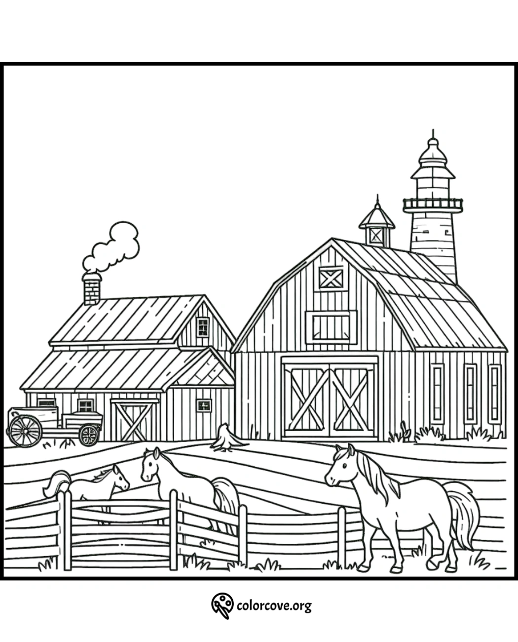 a coloring page of a barn and horses