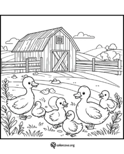 Duck family by a barn coloring page for kids. Cute farm scene with ducks, barn, and landscape. Perfect for printable coloring fun.