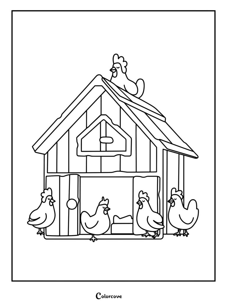 Five chickens gathered around a wooden coop with one chicken perched on the roof in this farm animal coloring page.