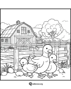 Farm scene coloring page with a barn, trees, and ducks walking near a fence. Perfect for kids to color and enjoy.