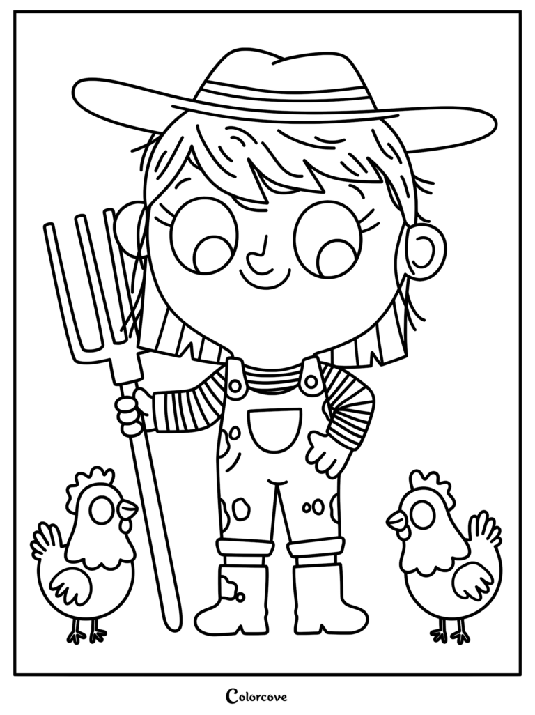 A young farmer girl wearing a hat and overalls holding a pitchfork with two chickens standing beside her in this coloring page.