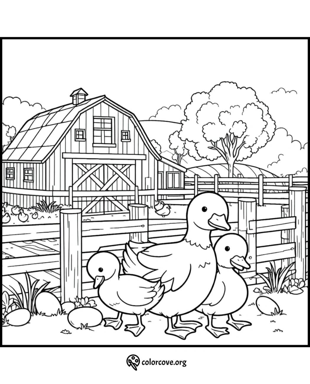 a coloring page of ducks in a fenced in pen