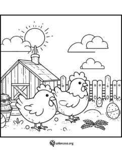 Two chickens walking near a barn and fence in a sunlit farm scene, perfect for kids' coloring activity.