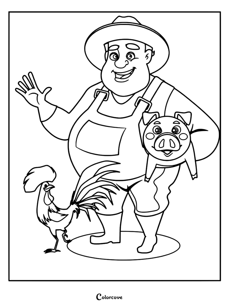 A friendly farmer in overalls waving next to a pig and a rooster in this printable farm animal coloring page.