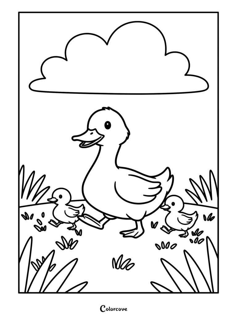 A mother duck walking with two small ducklings in a grassy field under a large cloud in this farm animal coloring page.