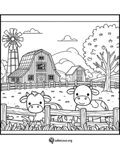 Farm coloring page with cows, barn, windmill, and tree. Perfect for kids to color and learn about farm life.