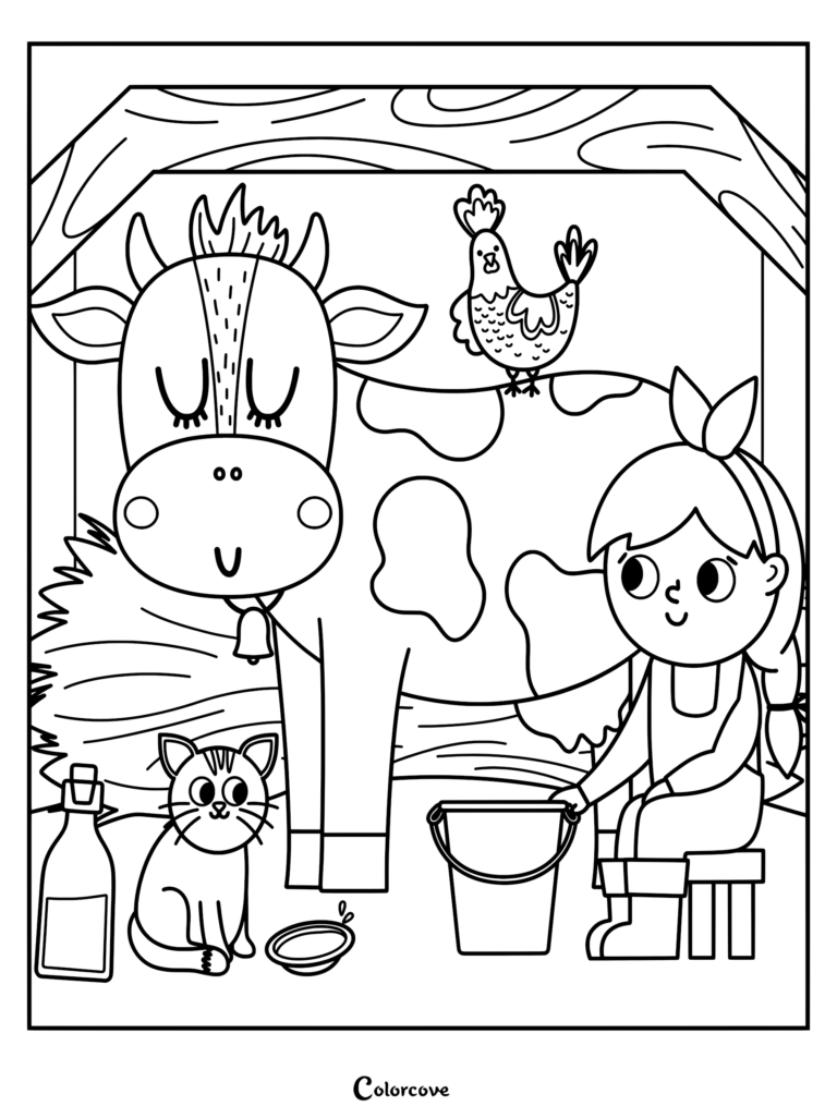 A girl sitting on a stool milking a cow in a barn with a cat, a milk bottle, and a rooster nearby on this coloring page.