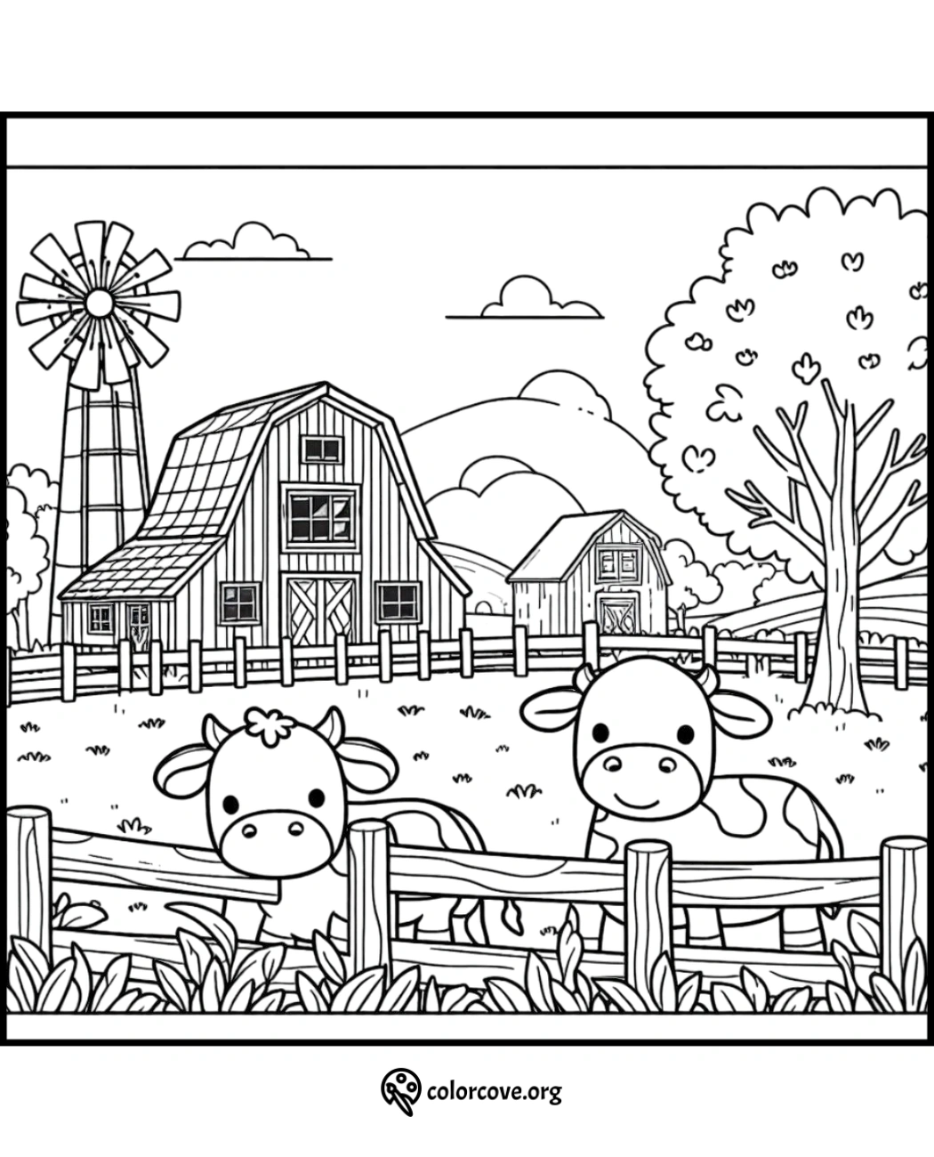 a coloring page of cows in a fence