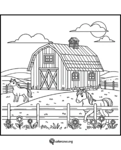 Barn and horses coloring page - Farm scene with a barn, two horses, a fence, and flowers for kids' coloring activities.