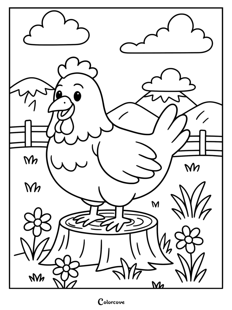 A happy hen standing on a tree stump in a farm field with mountains and a fence in the background, coloring page style line art.