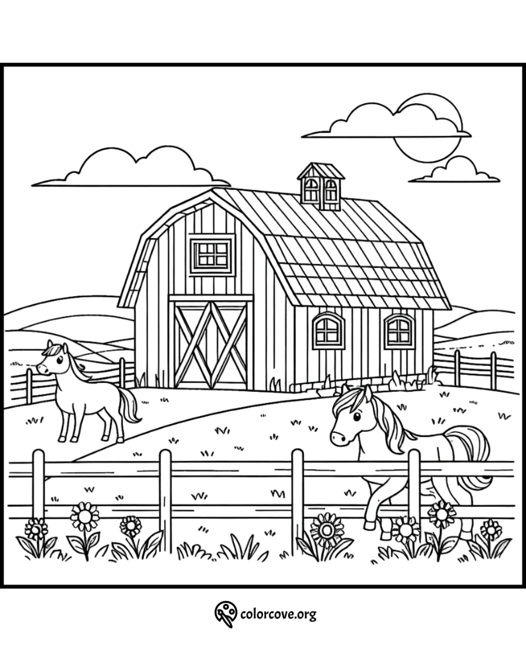 coloring page of a barn and horses