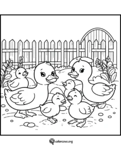 Duck family coloring page: cute ducks and ducklings in a garden with a fence in the background, perfect for kids.