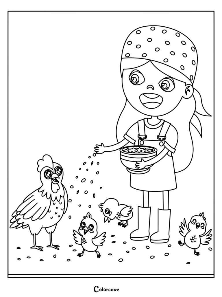 A girl wearing a polka dot bandana feeding a hen and three chicks from a bowl in this printable coloring page.
