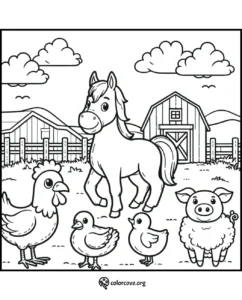 Farm animals coloring page featuring a horse, chicken, chicks, pig, and lamb in front of a barn and fence.