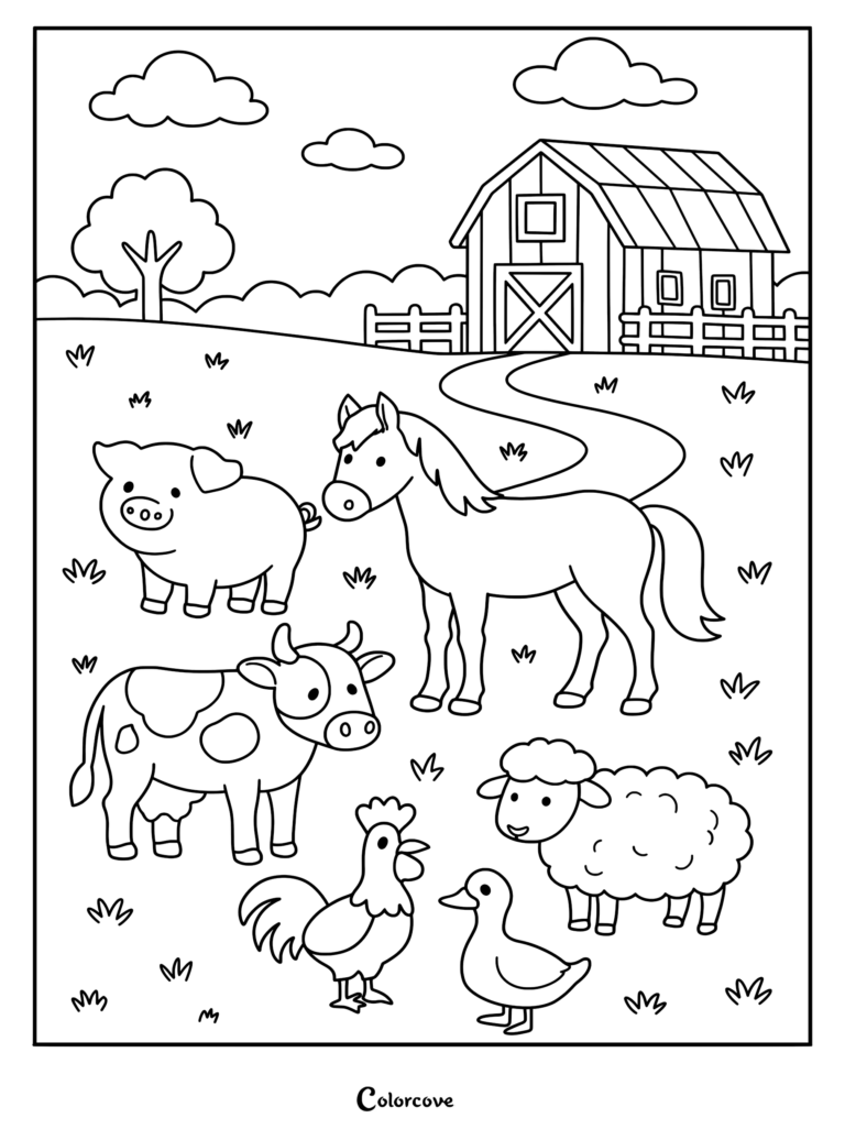 A cute farm animals coloring page featuring a pig, horse, cow, rooster, duck, and sheep standing in a grassy field in front of a barn.