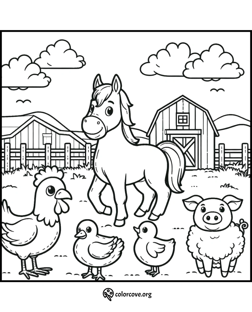 a coloring page of a horse and chickens