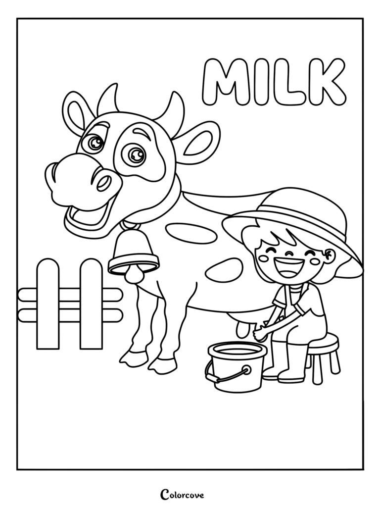 A happy farmer in a hat milking a spotted cow with a bell, coloring page style line art.
