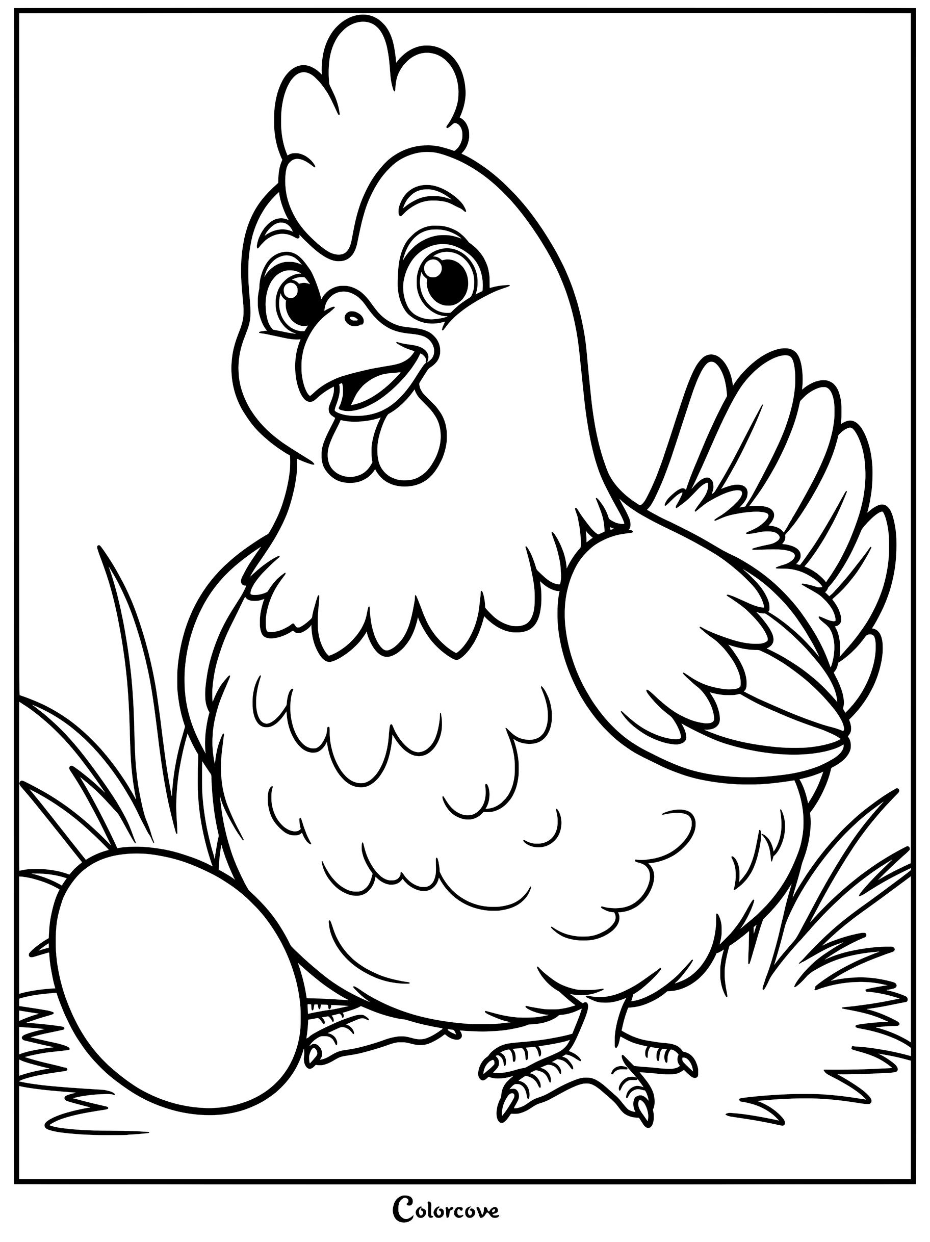 A cheerful hen standing next to a large egg in the grass, detailed line art coloring page.