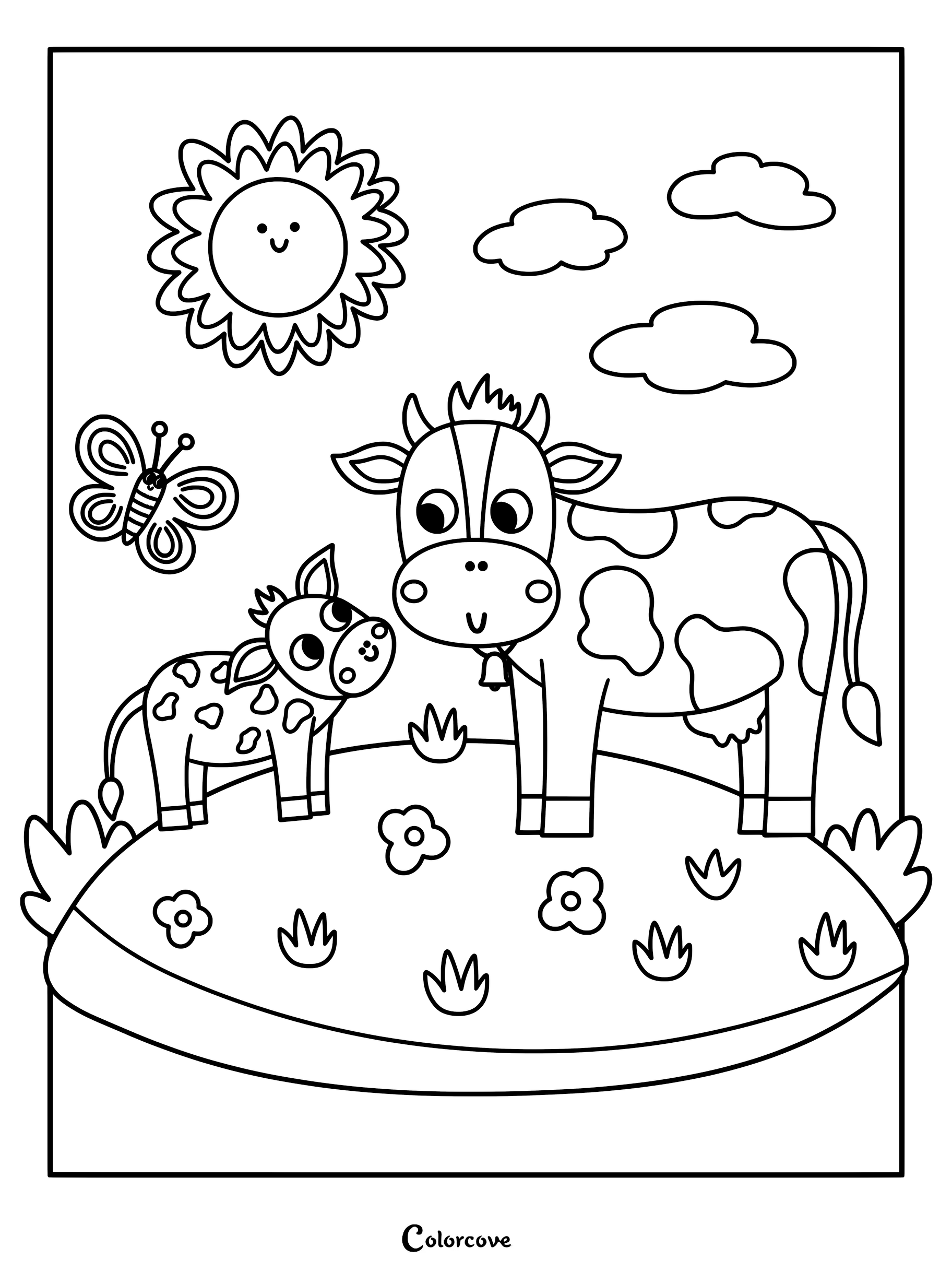 A cow and calf standing in a flower meadow with a smiling sun and butterfly in this printable coloring page.