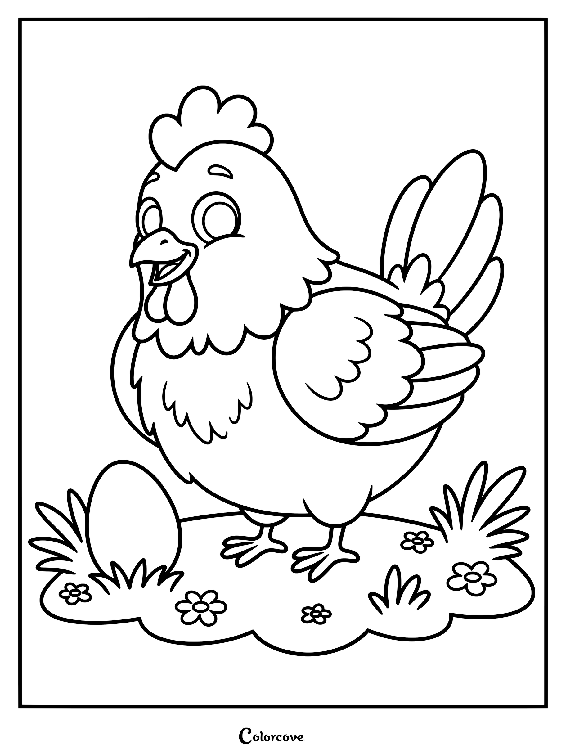 A cheerful cartoon hen standing next to a single egg in a grassy meadow with small flowers, line art coloring page.