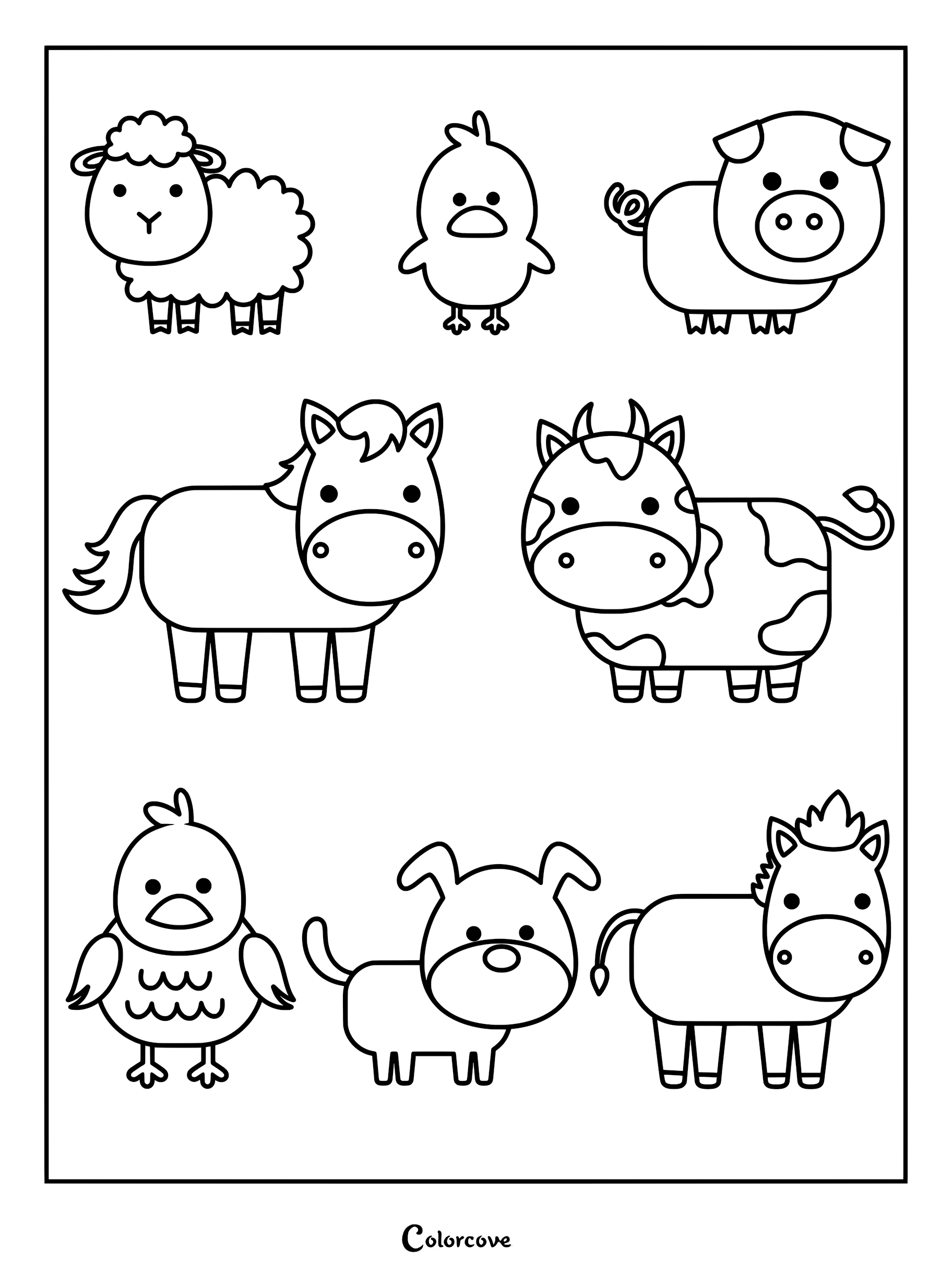A coloring page featuring a sheep, chick, pig, horse, cow, bird, dog, and donkey in a grid layout.