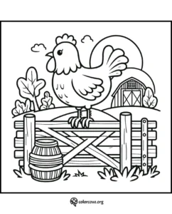 Farm-themed coloring page featuring a rooster on a fence with a barn and trees in the background, perfect for kids.
