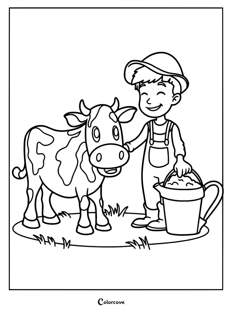 A young farmer boy wearing overalls and a hat standing next to a spotted cow while holding a bucket on this printable coloring page.