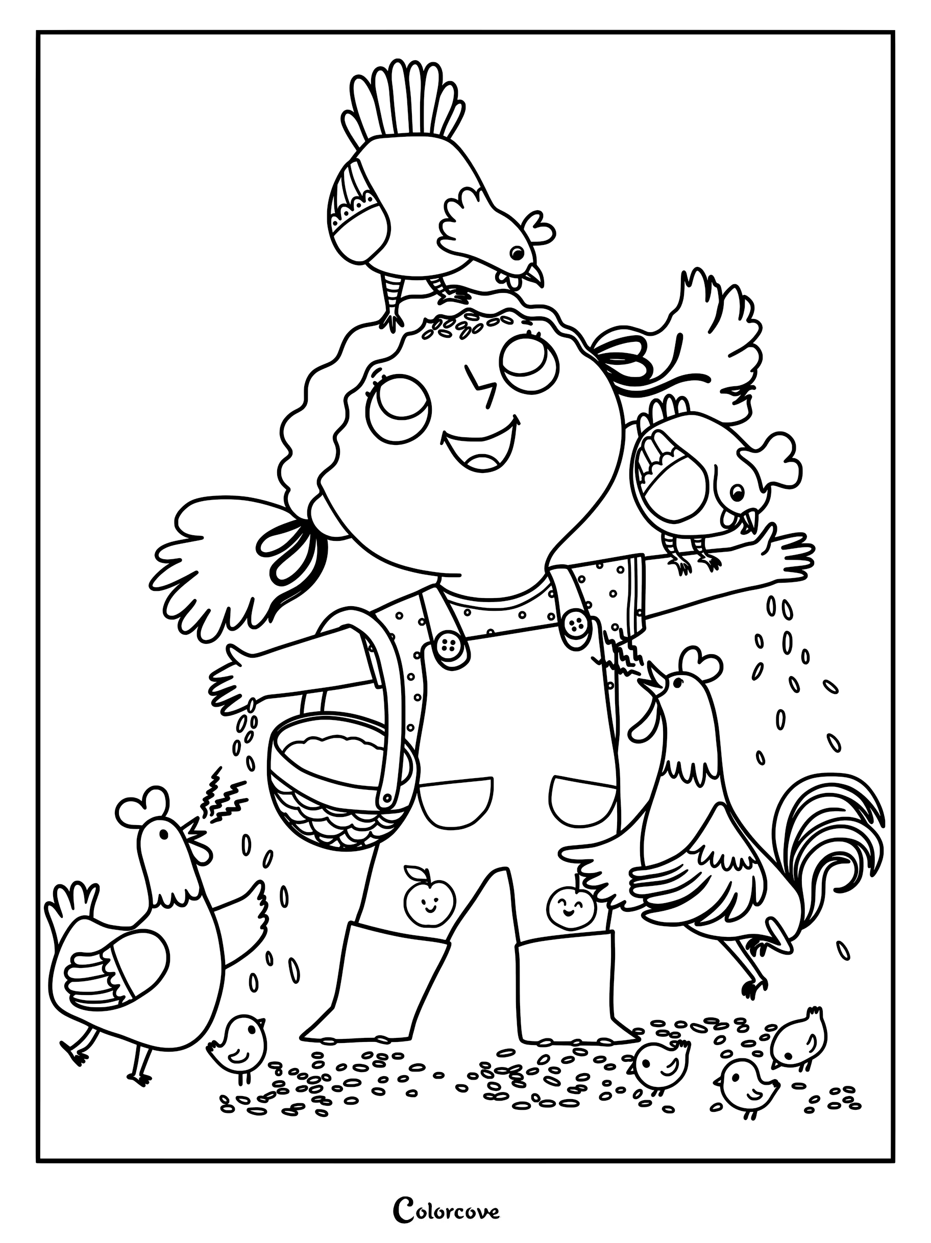 A girl in overalls feeding chickens and roosters from a basket, coloring page style line art.