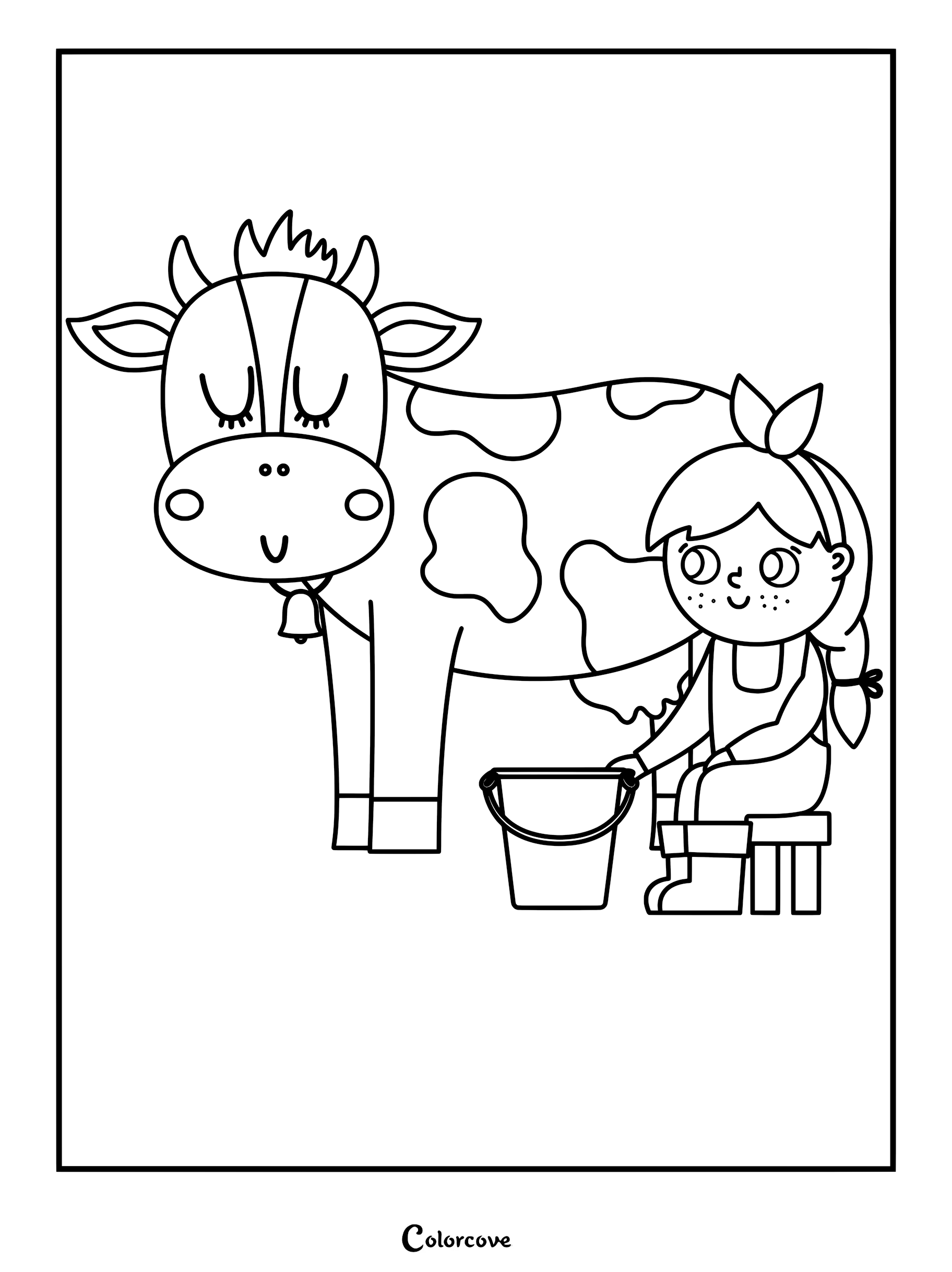 A young girl with a hair bow sitting on a stool milking a spotted cow with a bell, coloring page style line art.