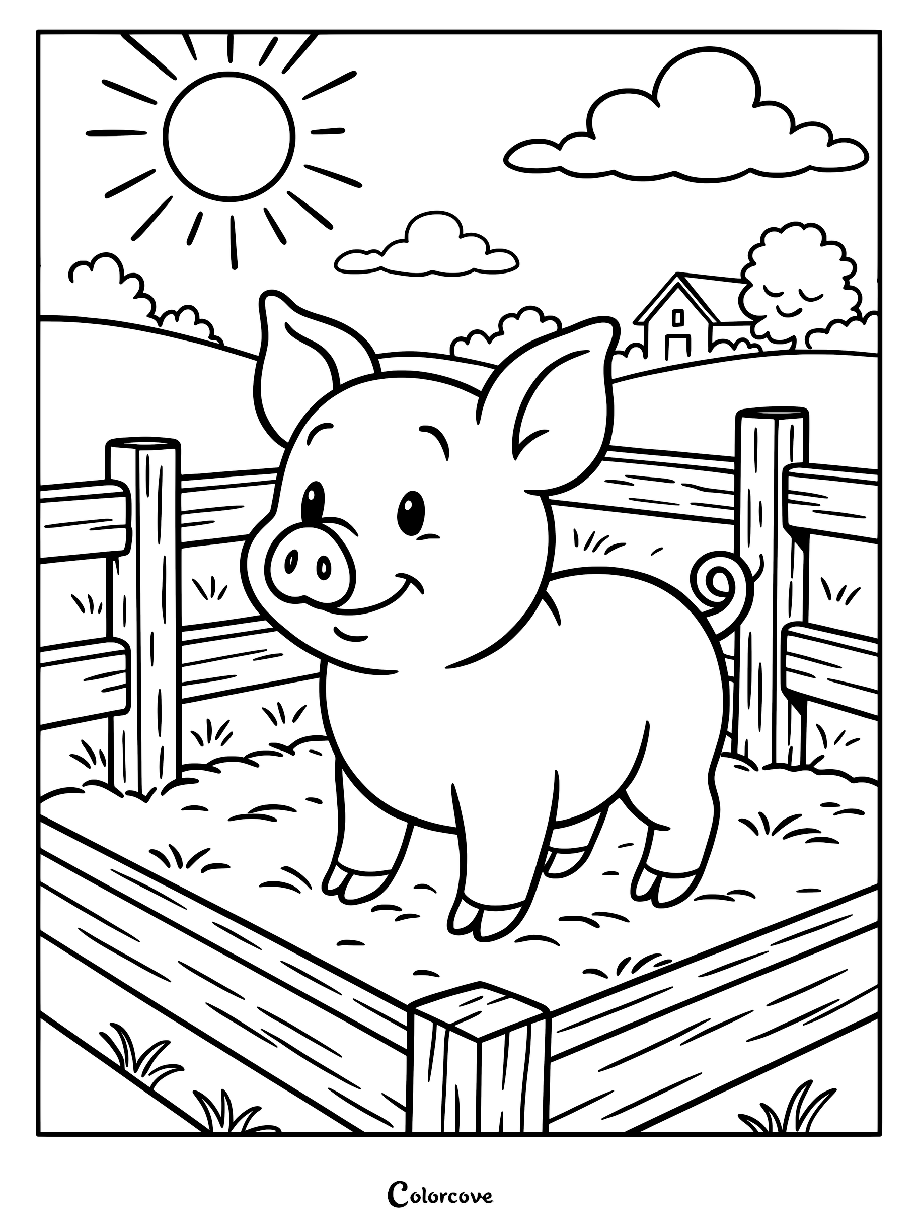 A cute piglet standing inside a wooden farm pen under a sunny sky in this printable coloring page.