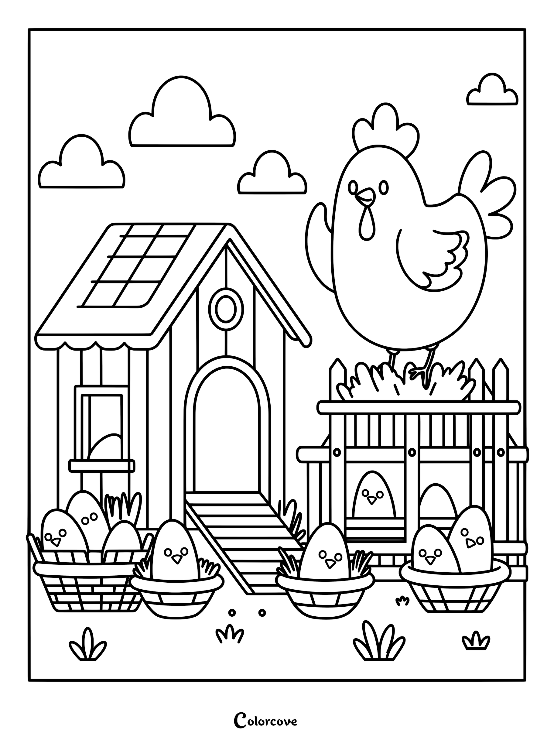 A hen standing on a coop fence with baby chicks in baskets and inside the coop, a farm animal coloring page.