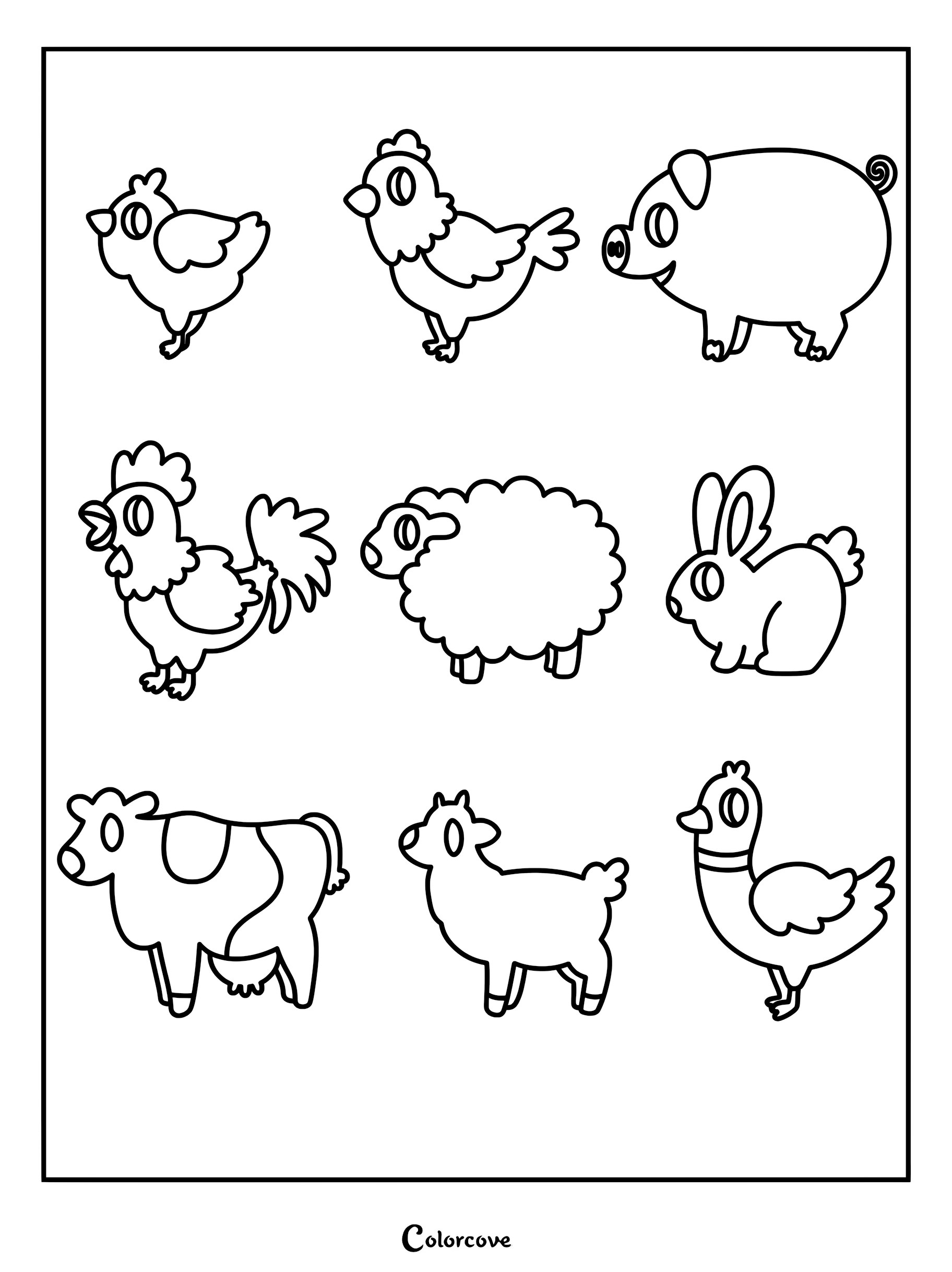 A printable coloring page featuring nine simple line art farm animals including a chick, hen, pig, rooster, sheep, rabbit, cow, goat, and duck.