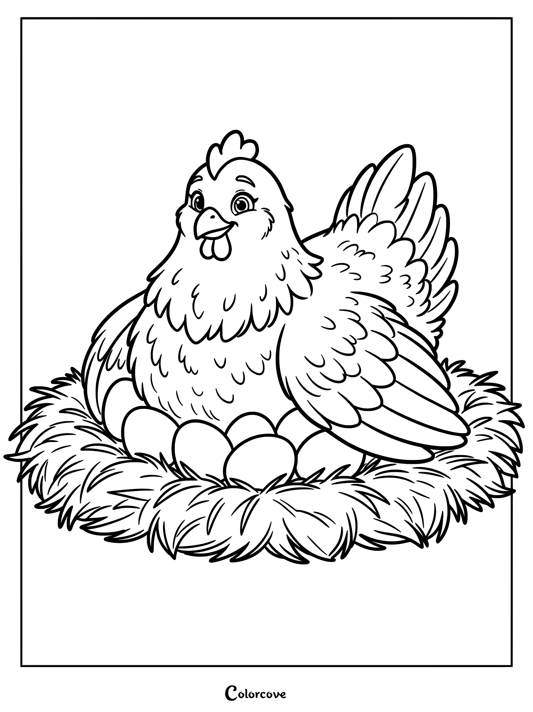A friendly hen sitting on a nest of eggs in this printable coloring page.