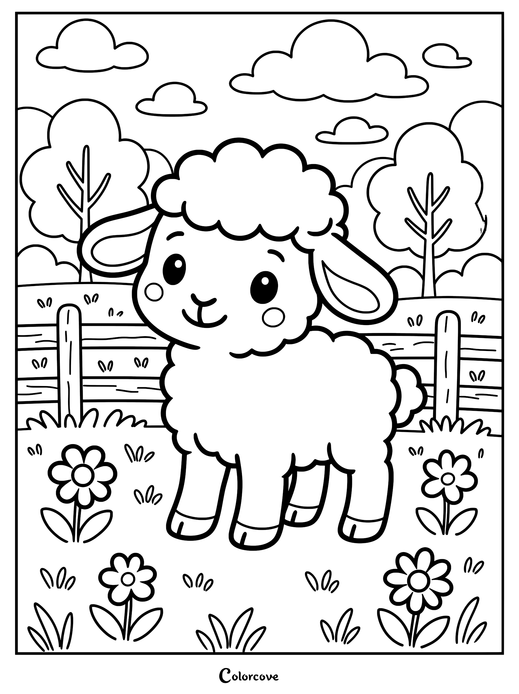 A cute lamb standing in a flower-filled meadow with a wooden fence and trees in the background, presented as a printable coloring page.