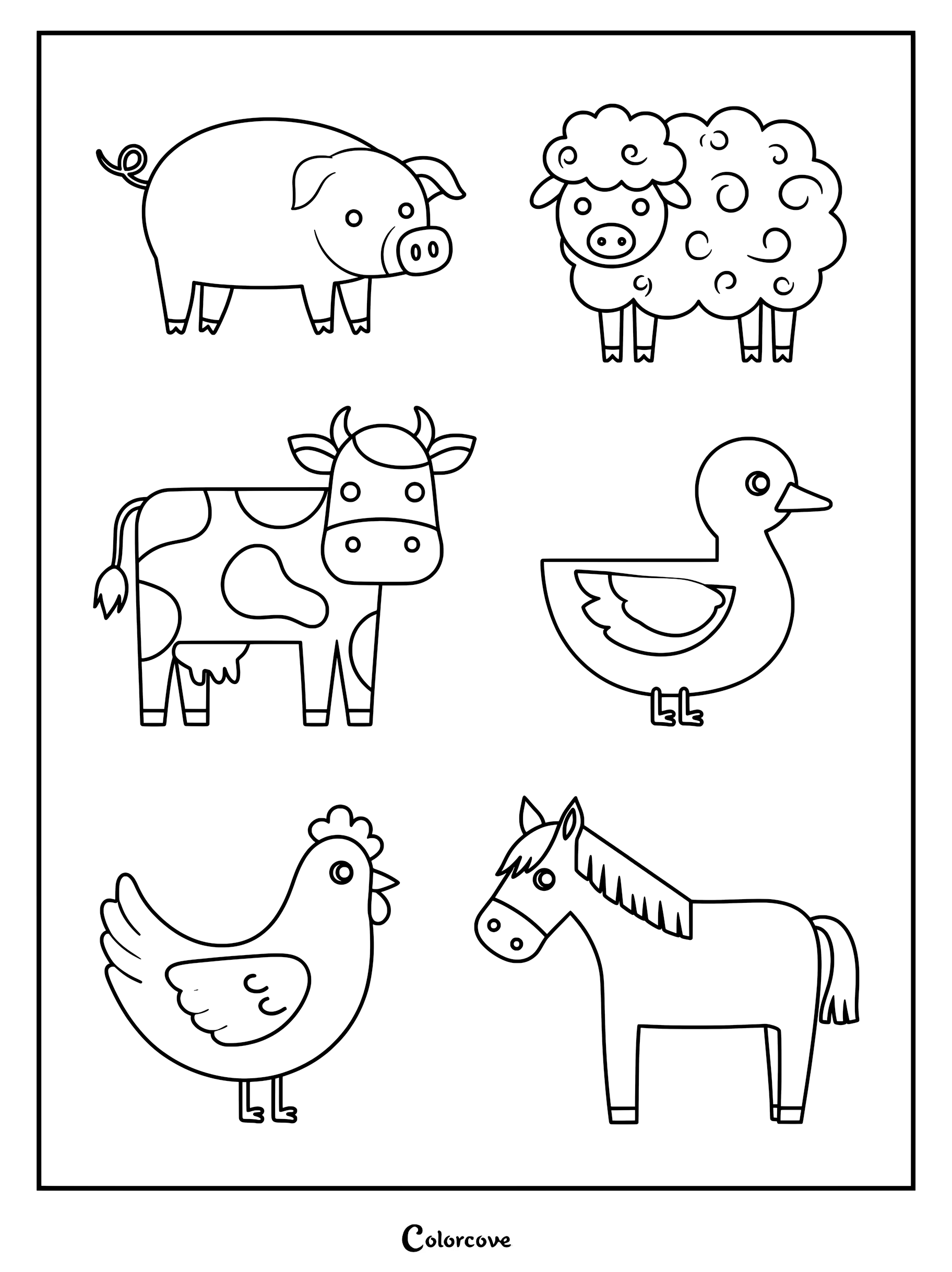 A simple line art coloring page featuring a pig, sheep, cow, duck, chicken, and horse arranged in a grid.