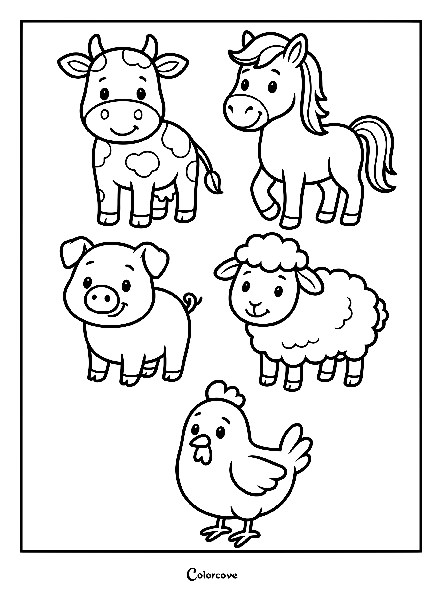 A printable coloring page featuring a spotted cow, a pony, a pig, a fluffy sheep, and a chicken standing together.