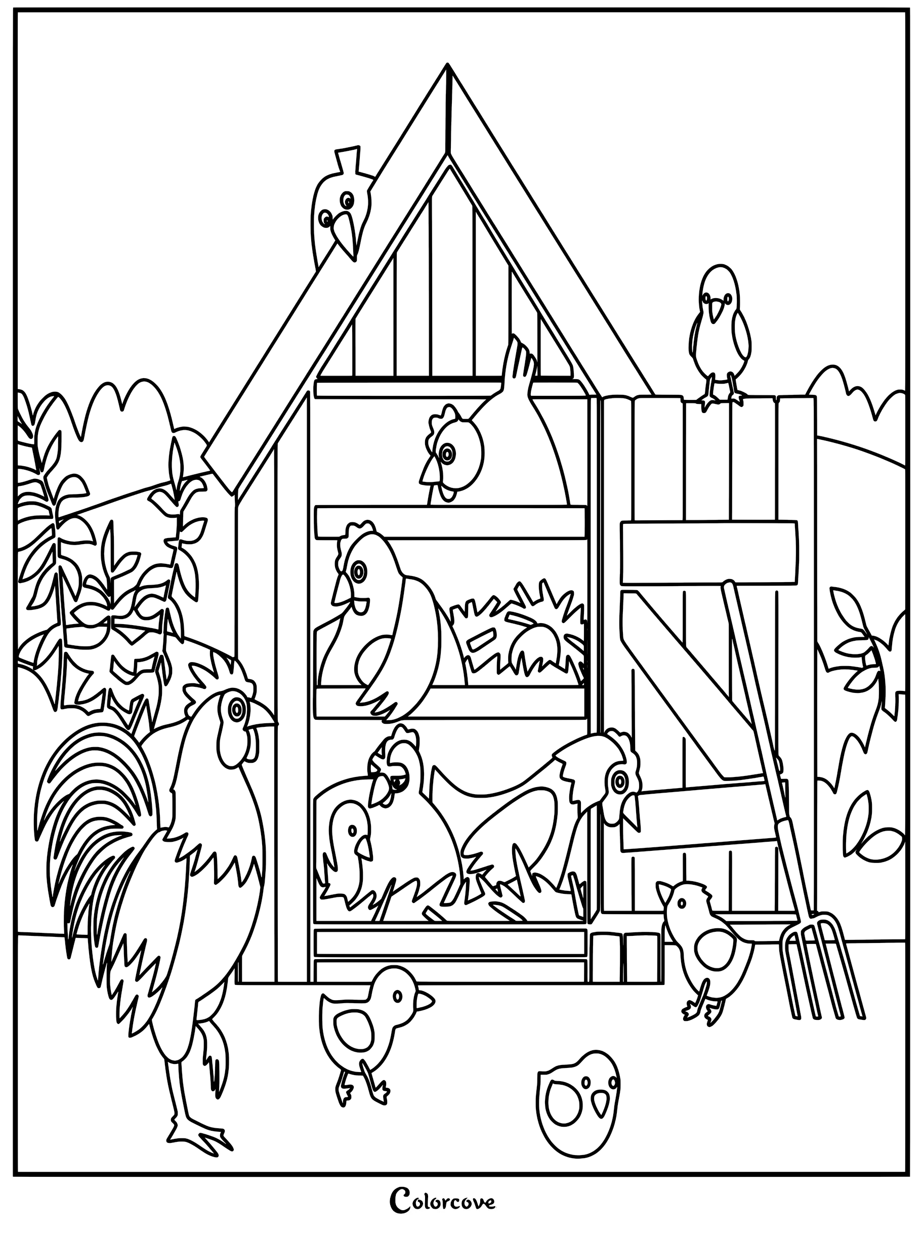 A rooster stands outside a multi-level chicken coop filled with hens and chicks in this farm animal coloring page.