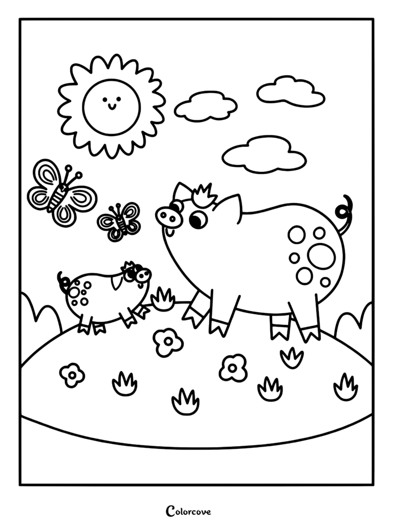 A cute coloring page featuring a mother pig and her piglet playing in a sunny meadow with butterflies.