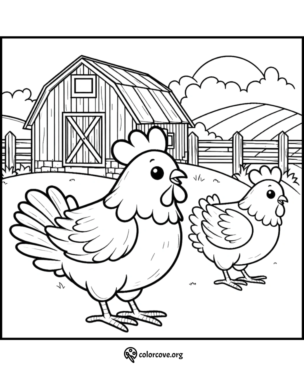 a coloring page of a chicken and a hen