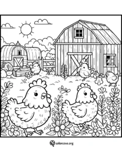 Coloring page of a farm scene with chickens, barn, flowers, and a sunny sky. Perfect for kids' coloring activities.