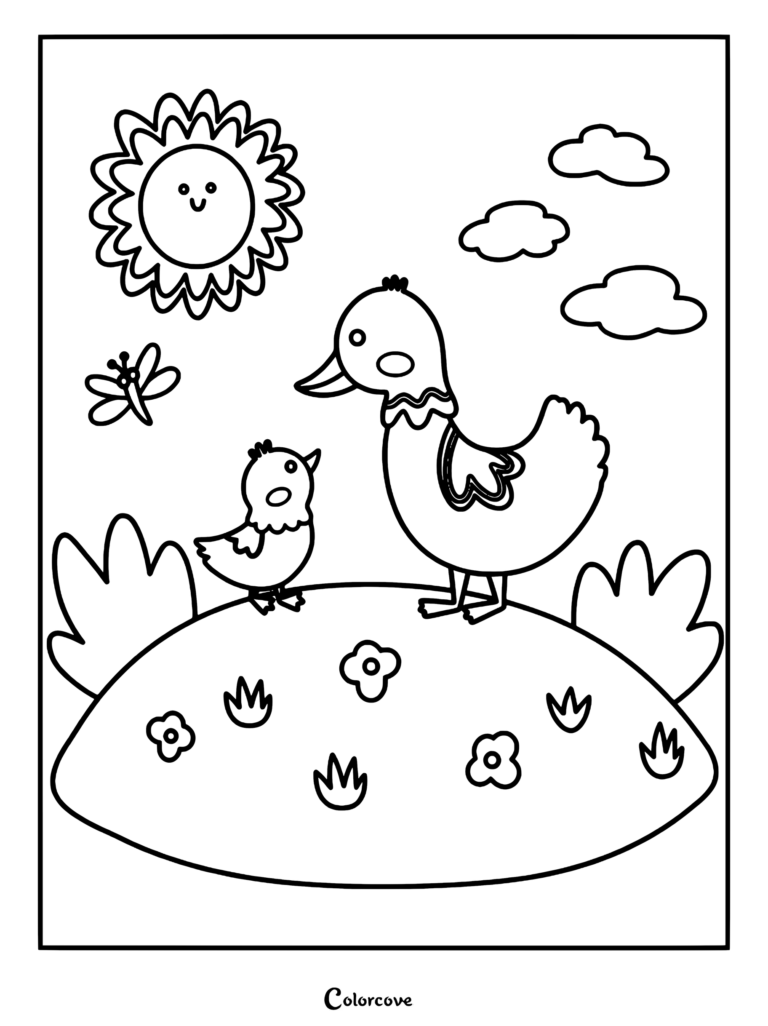 Mother duck and her duckling in a sunny meadow coloring page with a dragonfly and clouds.
