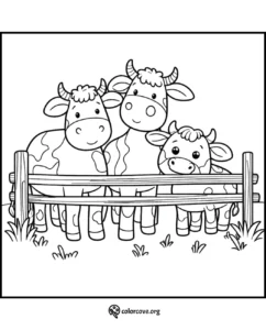 Coloring page of three cute cows behind a wooden fence, perfect for kids to color and enjoy farm-themed activities.