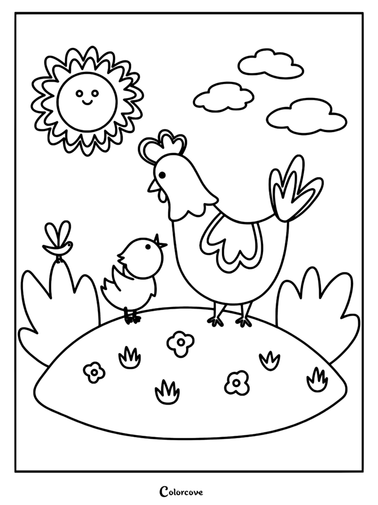 A simple coloring page featuring a mother hen and her baby chick standing on a grassy hill with a smiling sun, clouds, and a small butterfly.