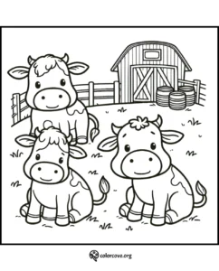 Three cute cows in a barnyard coloring page. Fun farm-themed printable coloring activity for kids. from colorcove.org