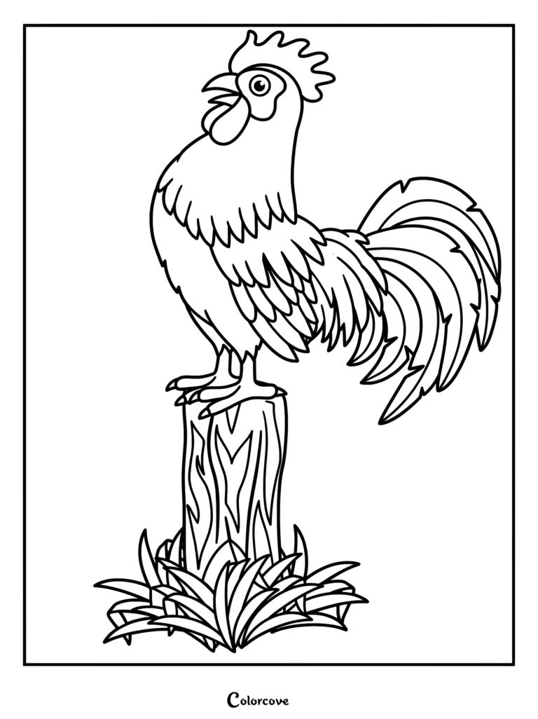 A rooster with a large comb standing on a textured tree stump in the grass, line art coloring page.