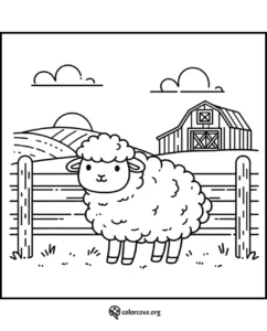 Cute farm sheep coloring page with a barn, fence, and rolling hills in the background, perfect for kids and adults.