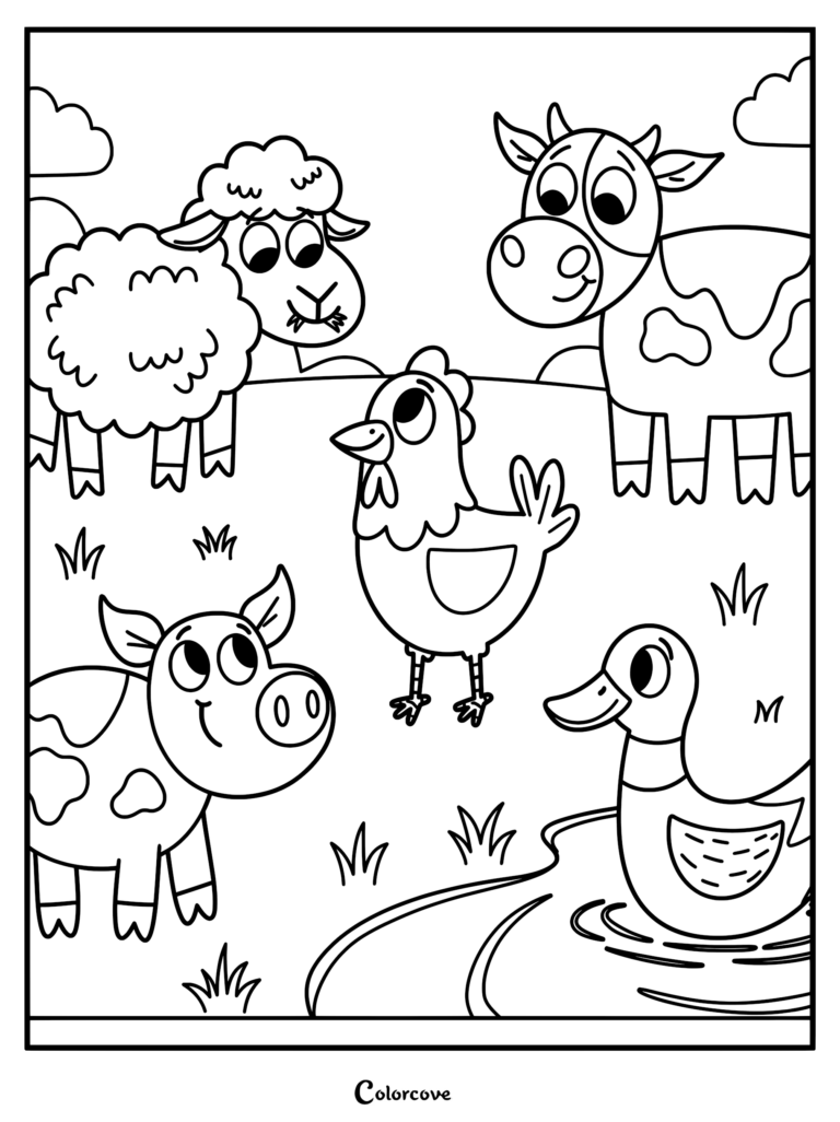 A coloring page featuring a sheep, cow, pig, chicken, and duck standing together in a grassy farm field.