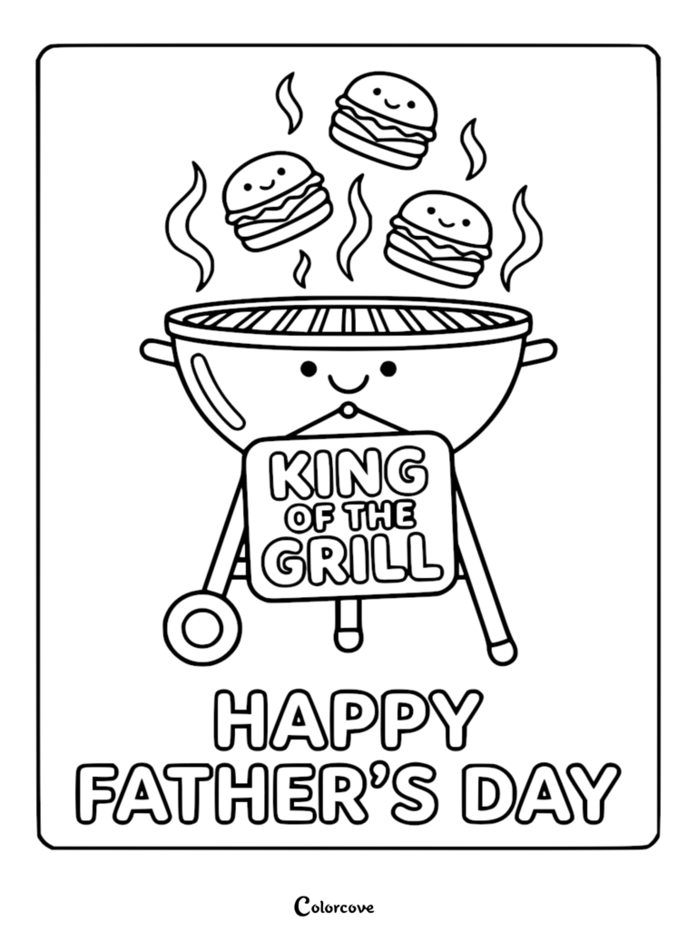 Un joli barbecue souriant avec trois cheeseburgers heureux flottant au-dessus et une pancarte indiquant Roi du barbecue sur un coloriage de Fête des Pères.