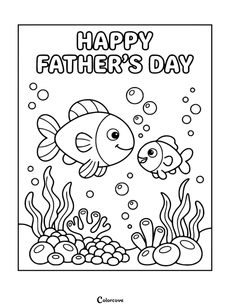Un papa poisson amical et son petit bébé nageant sous l'eau parmi les coraux et les bulles sur un coloriage de Fête des Pères à imprimer.